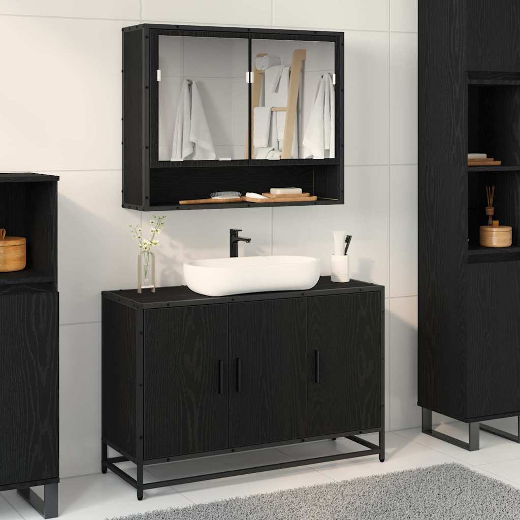 Badezimmer Waschbecken Schrank mit Regal Schwarz Eichen-Optik